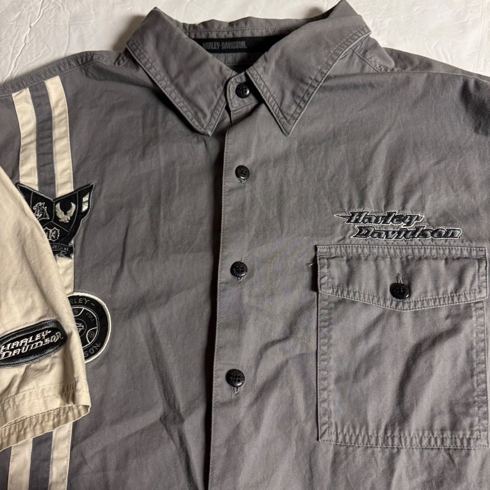 Harley Davidson Mens 2XL‎ Grey Cotton Button Up Shirt Eagle Patch Mechanic Biker